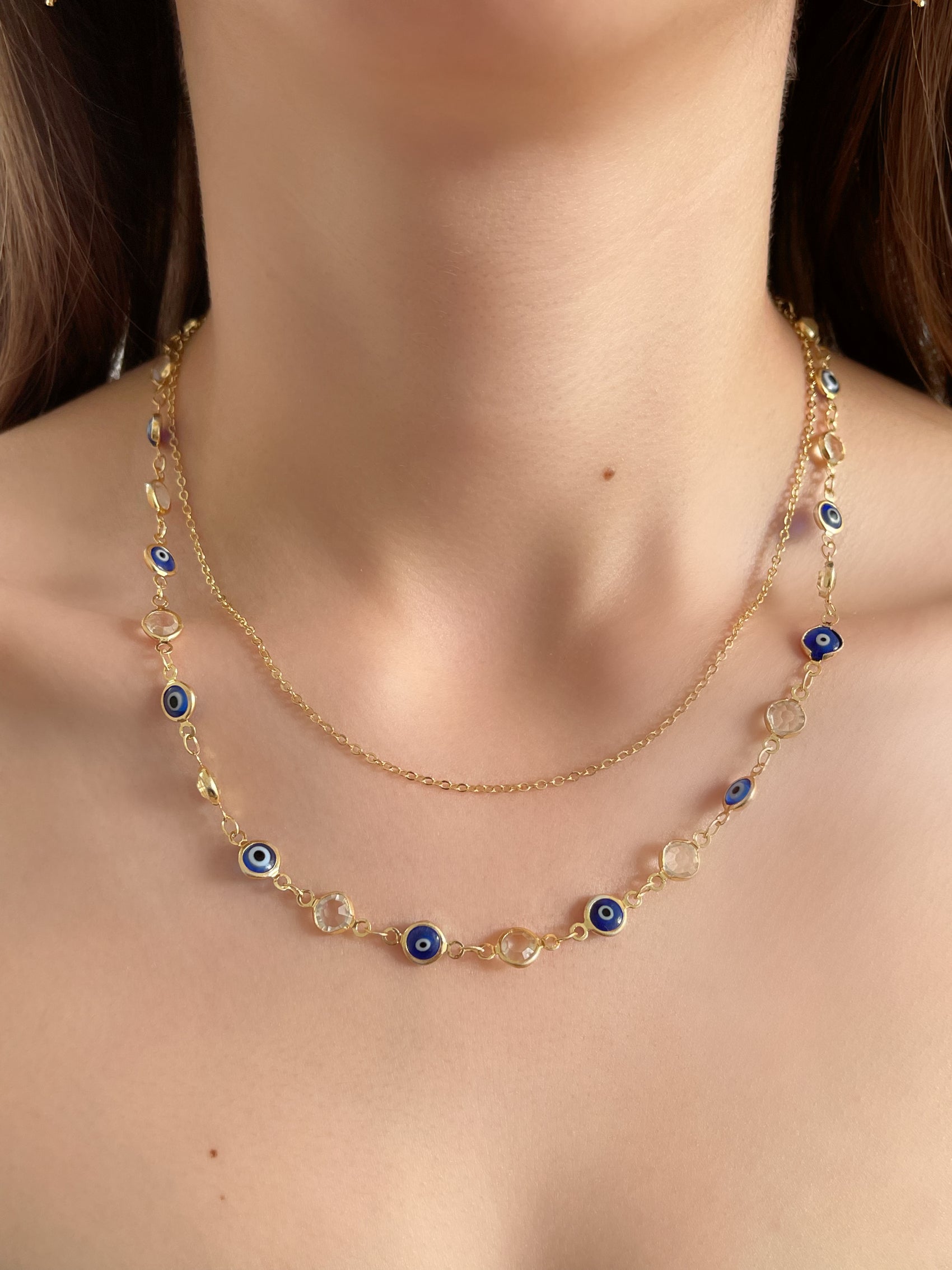 COLLAR DOBLE CADENA SENCILLA Y OJITOS AZULES