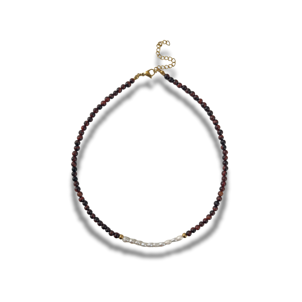CHOKER PERLAS Y OJO DE TIGRE ROJO