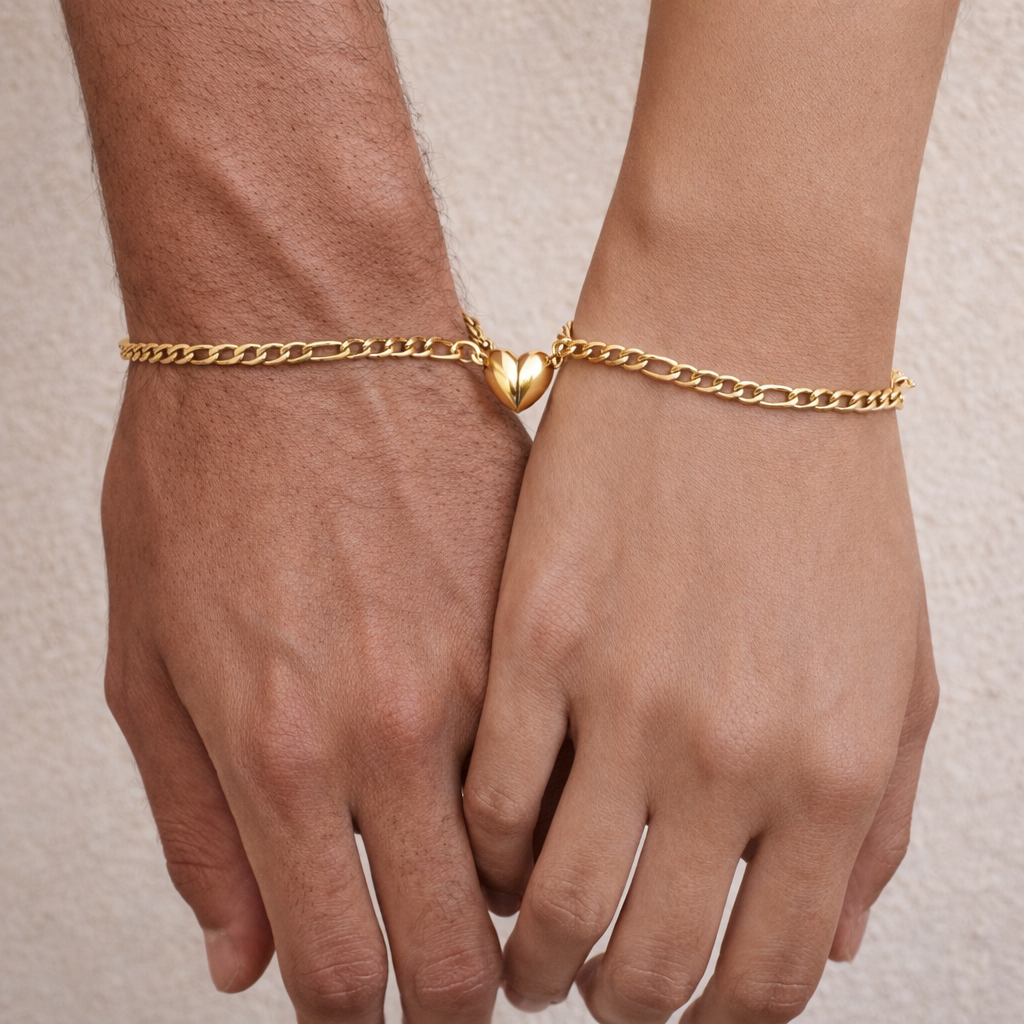 pulseras para parejas con corazón magnético acero inoxidable color dorado