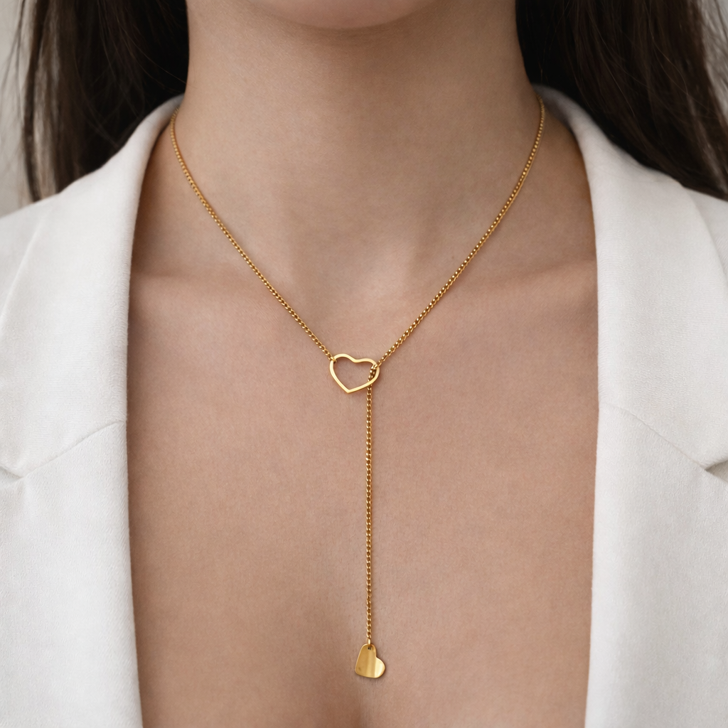 collar con doble corazon estilo corbata acero inoxidable