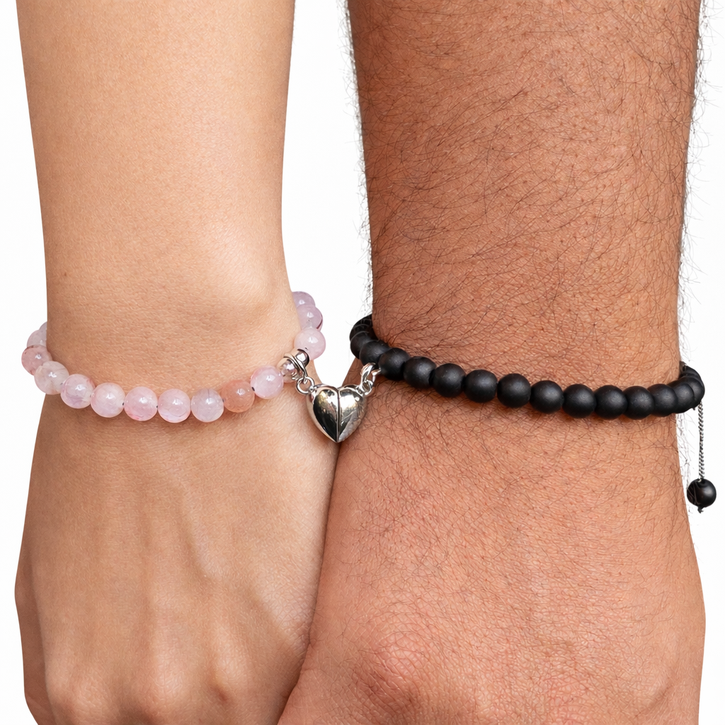 pulsera para parejas con piedra natural y corazon de iman que se une