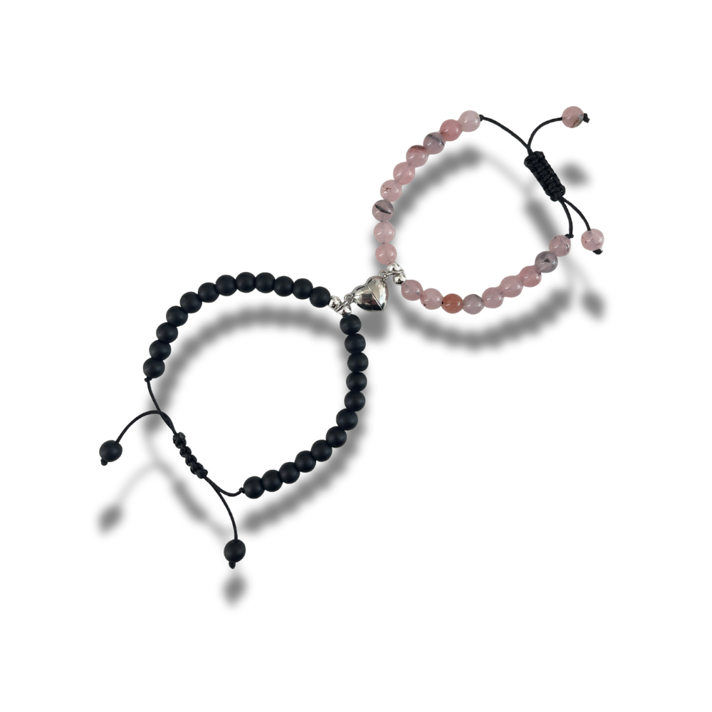 pulseras para pareja con corazon magnético ajustable, cuarzo rosa y onix negro