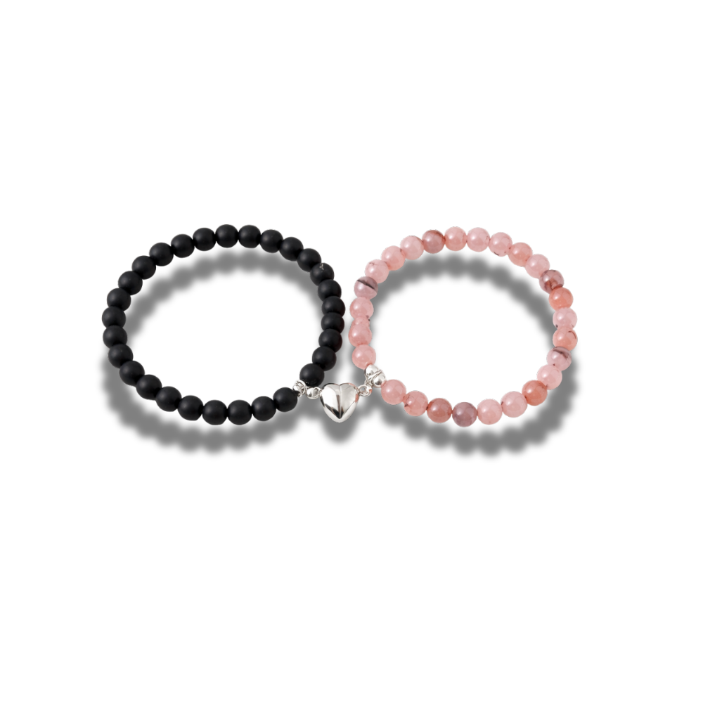 pulseras para pareja con corazón magnético, se unen, cuarzo rosa y onix negro, elásticas para san valentín.