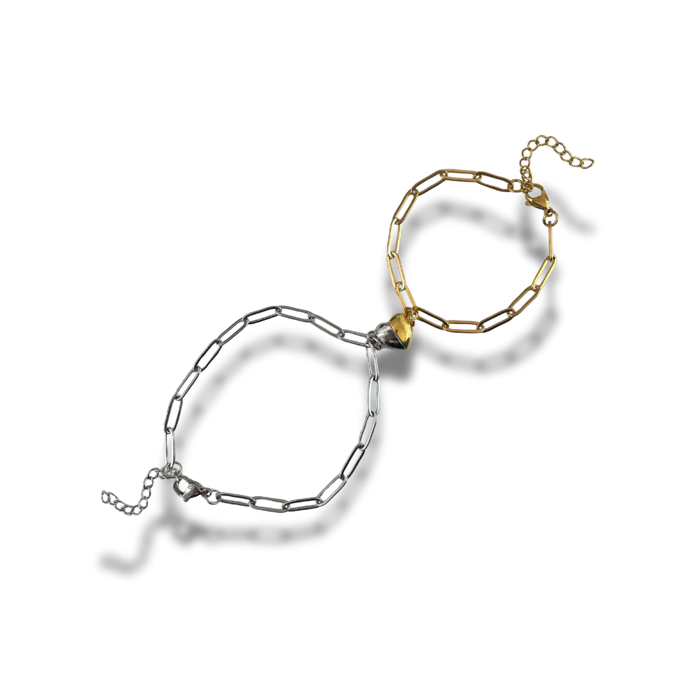 Pulseras para pareja con corazón magnético de acero inoxidable doradas, cadena de eslabón rectangular