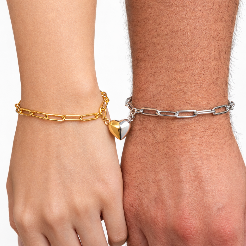 Pulseras para pareja con corazón magnético de acero inoxidable doradas, cadena de eslabón rectangular