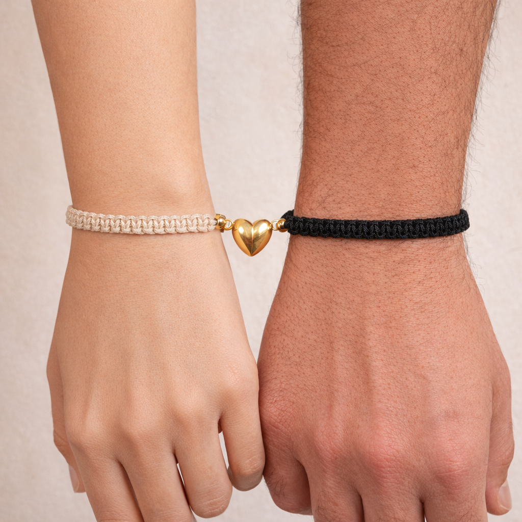 set de pulseras trenzadas para hombre y mujer con dije de corazon magnetico para regalo en san valentin uso diario